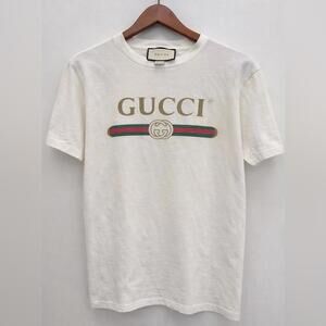 Unisex Oversized Gucci White Logo Flower Embroidered Distressed Tee